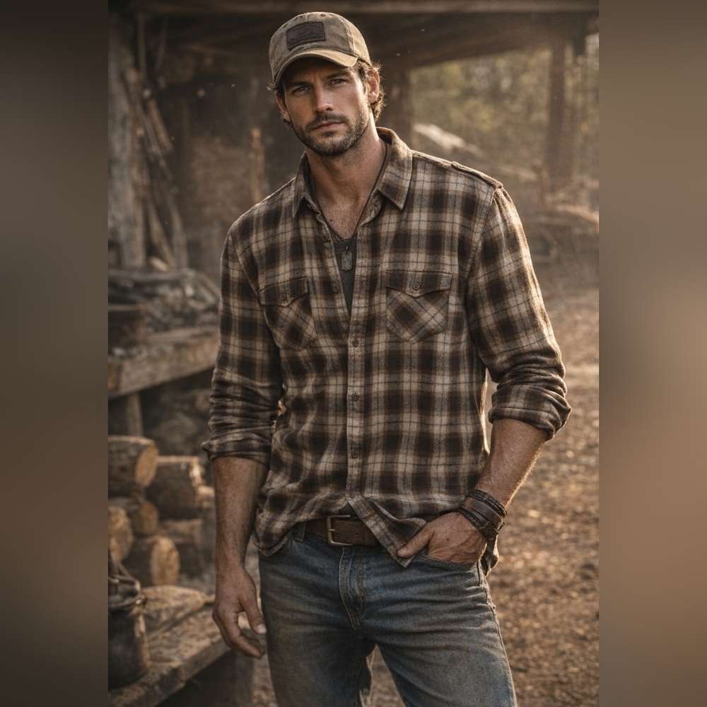 American Rag Cie Plaid Button Down Shirt Brown Cream